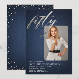 Glam Denim Diamonds Blue White 50 Birthday Photo Inbjudningar