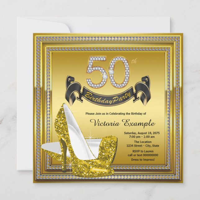 Glam Diamant Guld Höga Klackar 50-årsfirande Inbjudningar (Framsida)