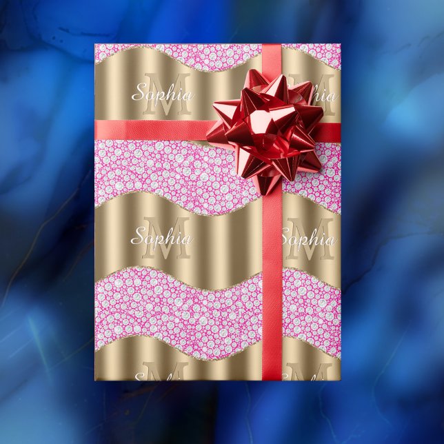 Glam Diamanter Fuchsia, Guldmonogram, Namn i Skrip Presentpapper (Skapare uppladdad)