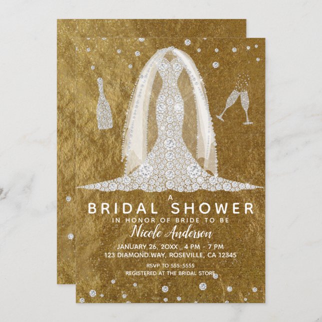 Glam Diamond Bröllop Dress Guld Möhippa Inbjudningar (Fram/baksida)