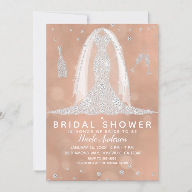 Glam Diamond bröllopsklänning Peach brud shower Inbjudningar (Framsida)