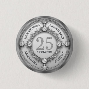 Glam Diamond & Silver 25:e Bröllop-årsdagen Knapp