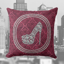 Glam Diamond Stiletto Shoe On Burgundy Damask Kudde
