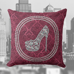Glam Diamond Stiletto Shoe On Burgundy Damask Kudde