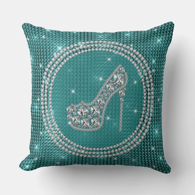 Glam Diamond Stiletto Shoe on Teal Kudde (Framsida)