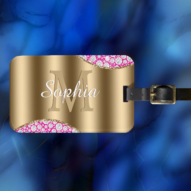 Glam Diamonds Fuchsia, Guld Monogram, skript Namn Bagagebricka (Skapare uppladdad)
