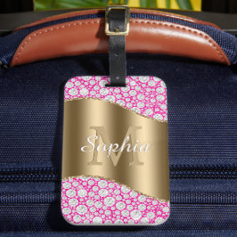 Glam Diamonds Fuchsia, Guld Monogram, skript Namn Bagagebricka