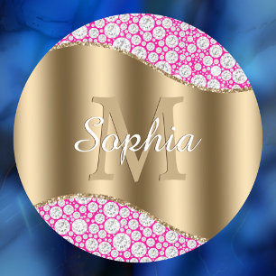 Glam Diamonds Fuchsia, Guld Monogram, skript Namn Runt Klistermärke