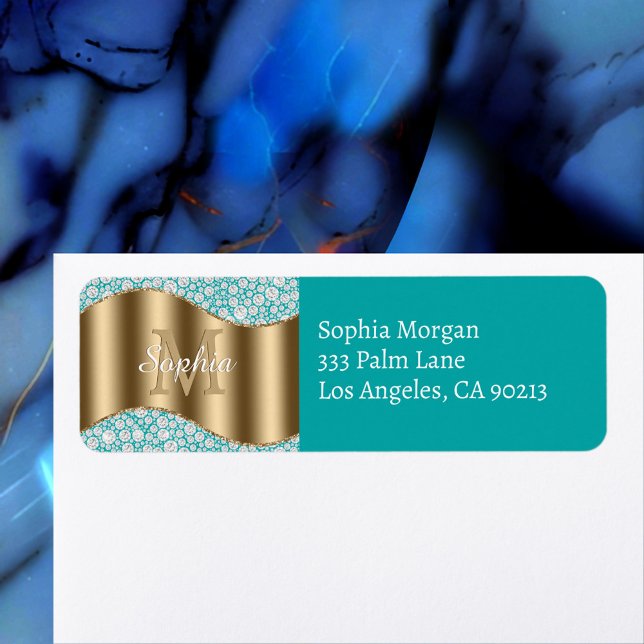 Glam Diamonds, Guld Monogram, Deep Teal Adress Returadress Etikett (Skapare uppladdad)