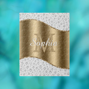 Glam Diamonds, Guld Monogram, skript Namn Pussel