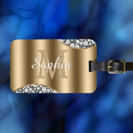 Glam Diamonds on Black, Guld Monogram, skript Namn Bagagebricka