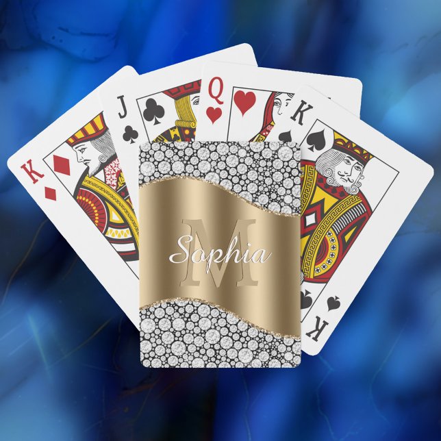 Glam Diamonds on Black, Guld Monogram, skript Namn Casinokort (Skapare uppladdad)