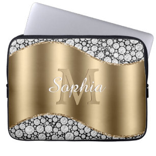 Glam Diamonds on Black, Guld Monogram, skript Namn Laptop Fodral
