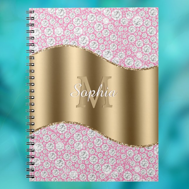 Glam Diamonds on Rosa, Guld Monogram, Script Namn Anteckningsbok (Skapare uppladdad)