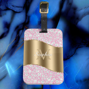 Glam Diamonds on Rosa, Guld Monogram, Script Namn Bagagebricka