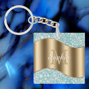 Glam Diamonds på Teal, Guld Monogram, skript Namn