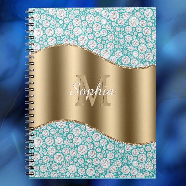 Glam Diamonds på Teal, Guld Monogram, skript Namn Anteckningsbok (Skapare uppladdad)