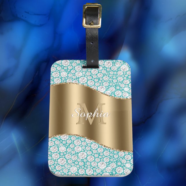 Glam Diamonds på Teal, Guld Monogram, skript Namn Bagagebricka (Skapare uppladdad)