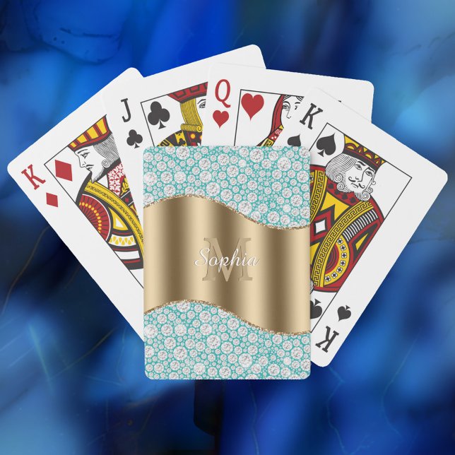Glam Diamonds på Teal, Guld Monogram, skript Namn Casinokort (Skapare uppladdad)