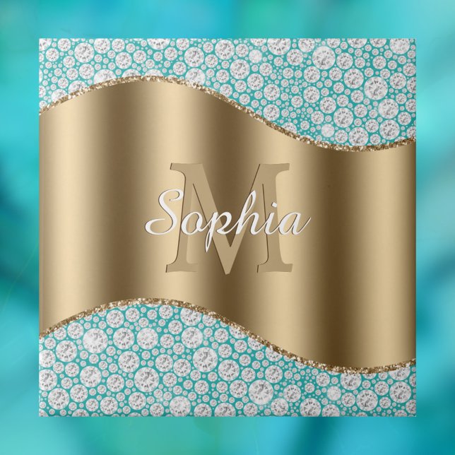 Glam Diamonds på Teal, Guld Monogram, skript Namn Kakelplatta (Skapare uppladdad)