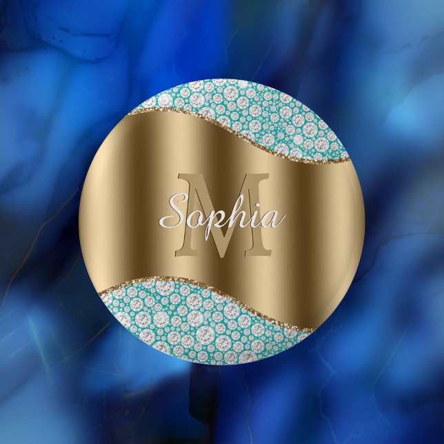 Glam Diamonds på Teal, Guld Monogram, skript Namn Knapp (Skapare uppladdad)
