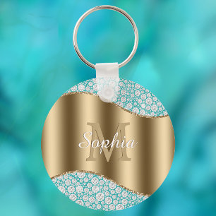 Glam Diamonds på Teal, Guld Monogram, skript Namn Nyckelring