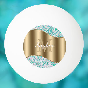 Glam Diamonds på Teal, Guld Monogram, skript Namn Pingisboll