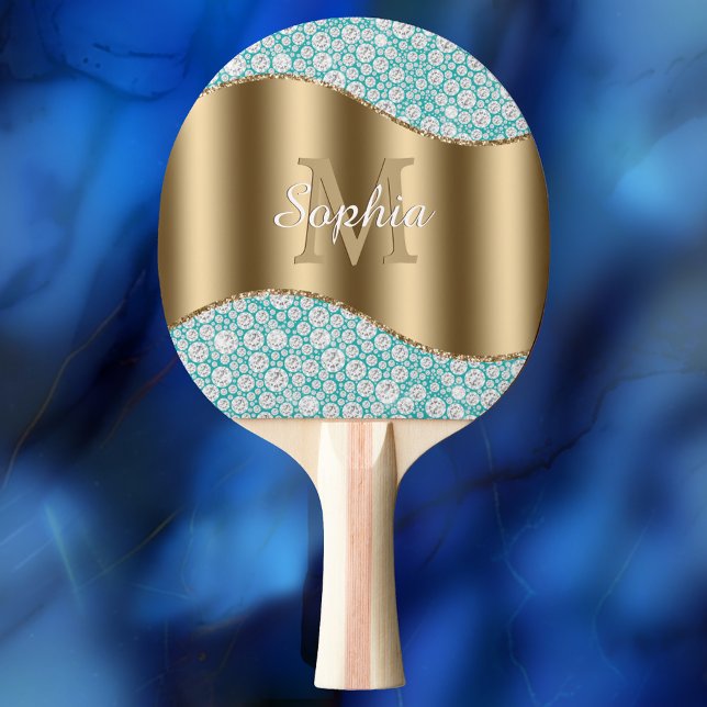 Glam Diamonds på Teal, Guld Monogram, skript Namn Pingisracket (Skapare uppladdad)