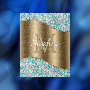 Glam Diamonds på Teal, Guld Monogram, skript Namn Pussel
