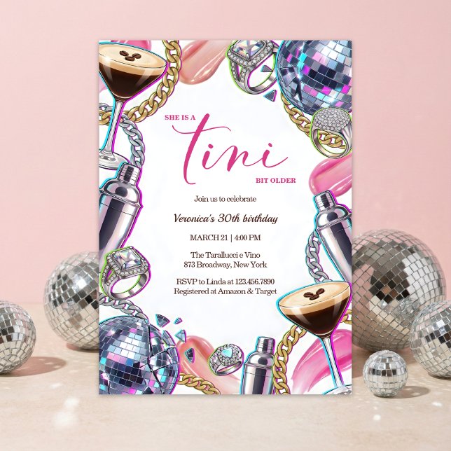 Glam Disco Espresso Martini Pink Birthday Party Inbjudningar (A Tini Bit Older Espresso Martini Disco Glam Pink 30th Birthday Invitation)