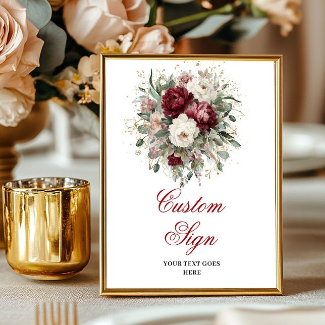 Glam Djupröda Blommor Eukalyptus Guld Anpassad Sky Poster (Glam Deep Red Flowers Eucalyptus Gold Custom Sign)
