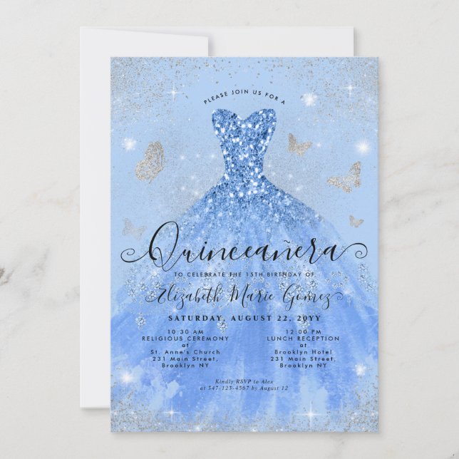 Glam Dusty Blue Silver Glitter Gown Quinceanera Inbjudningar (Framsida)