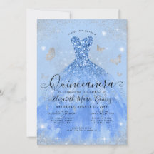 Glam Dusty Blue Silver Glitter Gown Quinceanera