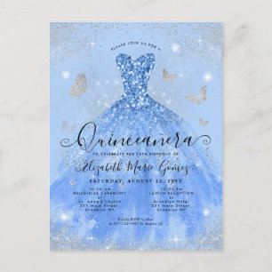 Glam Dusty Blue Silver Glitter Gown Quinceanera Vykort