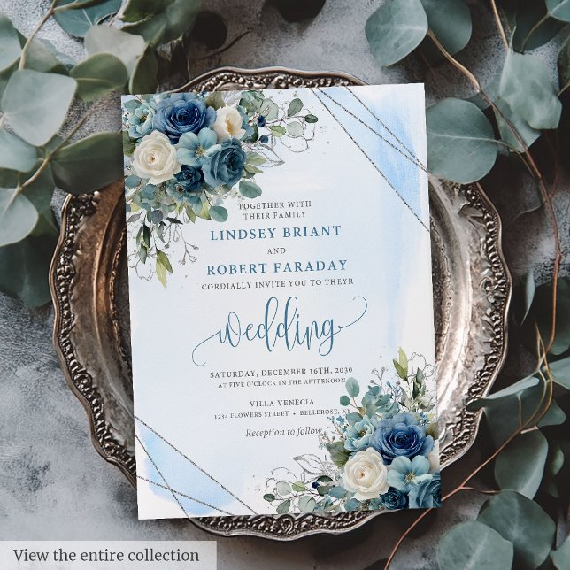 Glam Dusty Blue Silver Ram bröllopsinbjudan Inbjudningar (Glam Dusty Blue Silver Frame Wedding Invitation)