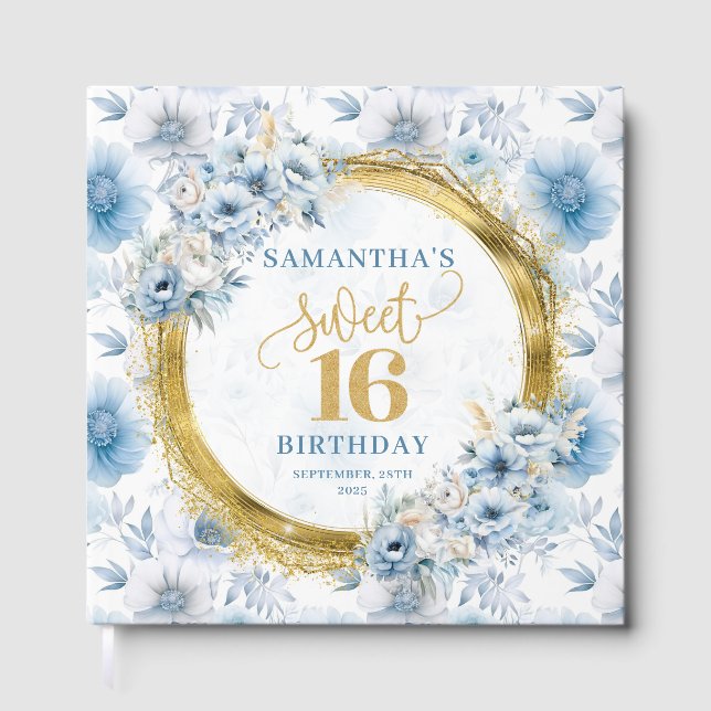 Glam Dusty Blue Sweet 16 Guest Bok med Glitter (Framsida)