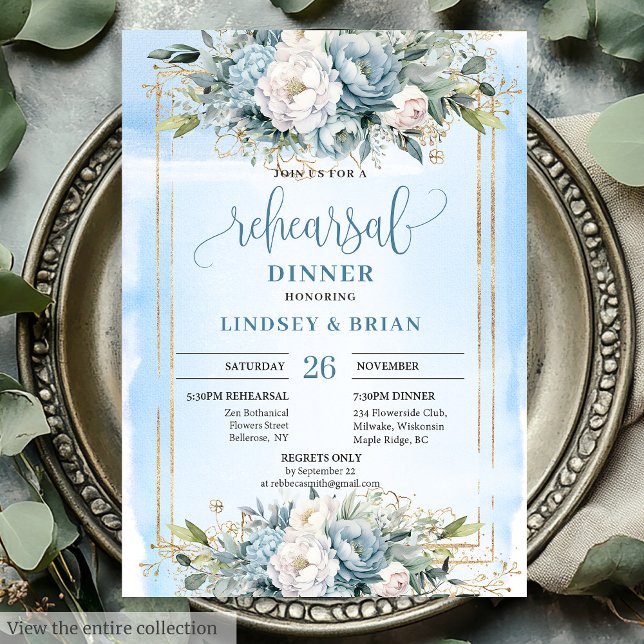 Glam Dusty Blue White Blommigt Guld Rehearsal Inbj Inbjudningar (Glam Dusty Blue White Floral Gold Rehearsal Invite)