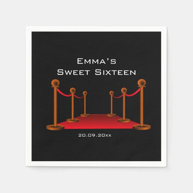 Glam Elegant Black & Red Carpet Sweet 16 Party Pappersservett (Framsidan)