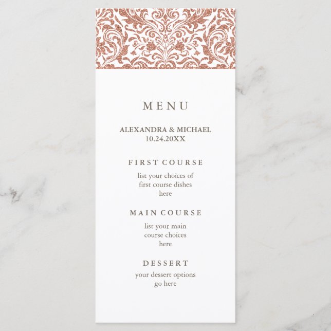 Glam Elegant Faux Ro Guld Glitter Damask Menu Meny (Framsida)