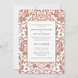 Glam Elegant Faux Ro Guld Glitter Damask Wedding Inbjudningar