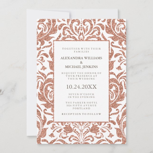 Glam Elegant Faux Ro Guld Glitter Damask Wedding Inbjudningar (Framsida)