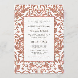Glam Elegant Faux Ro Guld Glitter Damask Wedding Inbjudningar