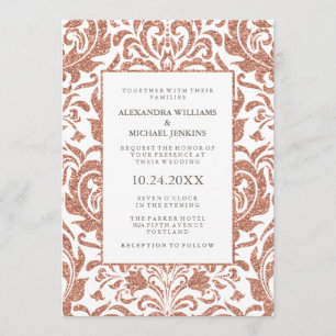 Glam Elegant Faux Ro Guld Glitter Damask Wedding Inbjudningar