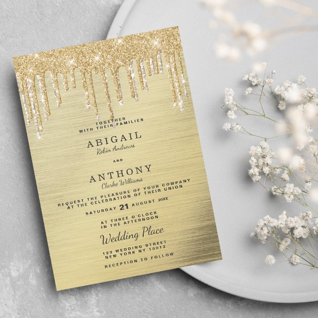 Glam elegant guld glitter droppar vit bröllop inbjudningar (Glam elegant gold glitter drips white wedding)