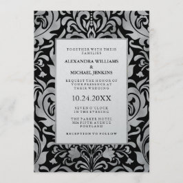 Glam Elegant Luxe Silver Damask på Svarta Bröllop Inbjudningar