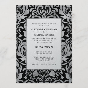 Glam Elegant Luxe Silver Damask på Svarta Bröllop Inbjudningar