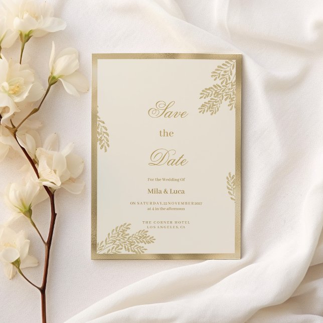 Glam elfenben guld glitter löv blommigt Spara datu Inbjudningar (Glam ivory gold glitter leaf floral Save the Date)