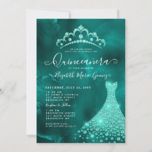 Glam Emerald Grönt Diamond Tiara Dress Quinceanera Inbjudningar