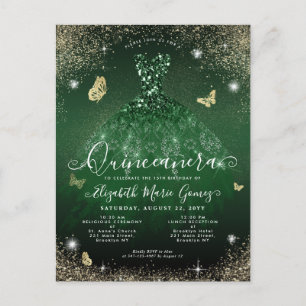 Glam Emerald Grönt Guld Glitter Gown Quinceanera Vykort
