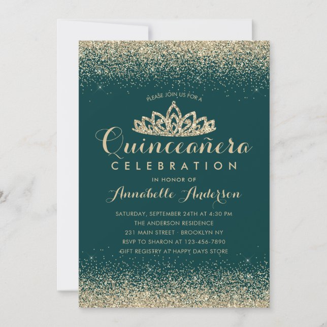 Glam Emerald Grönt Quinceañera Guld Tiara Glitter Inbjudningar (Framsida)